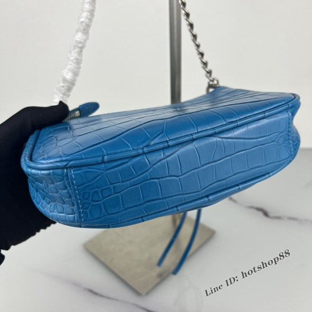 Balenciaga專櫃爆款le cagole迷你鏈條機車包 巴黎世家鱷魚蘭色五金銀帶鑽女包 fyj1184